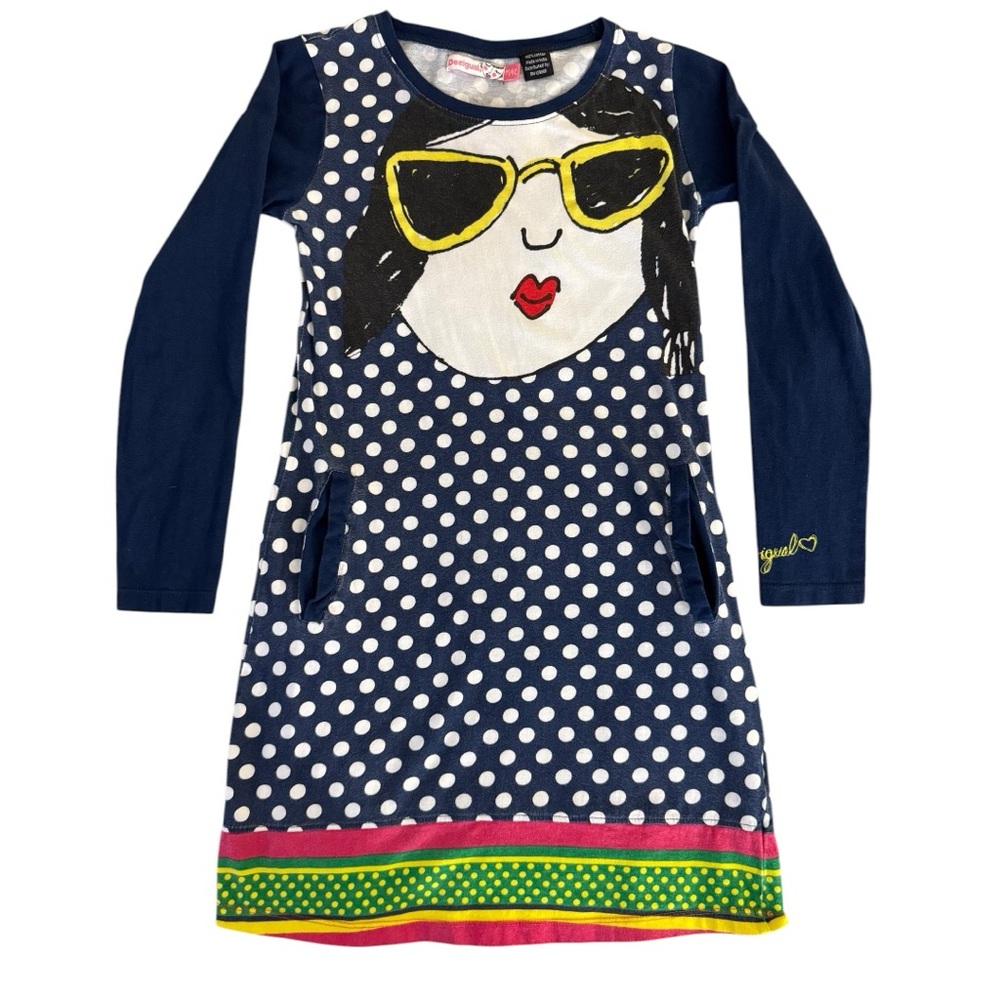 Desigual Kids Navy & White Polka Dot Long Sleeve Dress - Size 11/12!